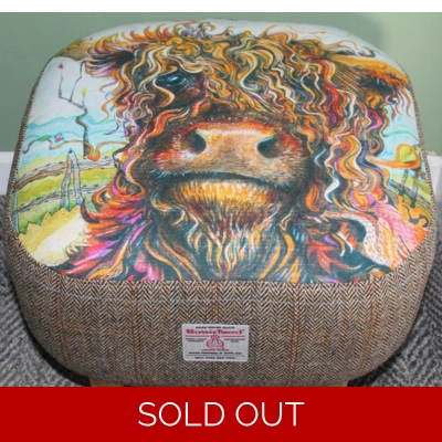 LARGE Chunky Square Curly Highland Cow & Herringbone Check Harris Tweed covered Footstool
